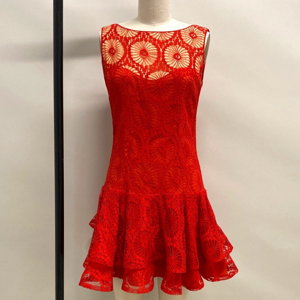 Vintage Red Coral Lilli Diamond Lace Cocktail Dress Size S/M